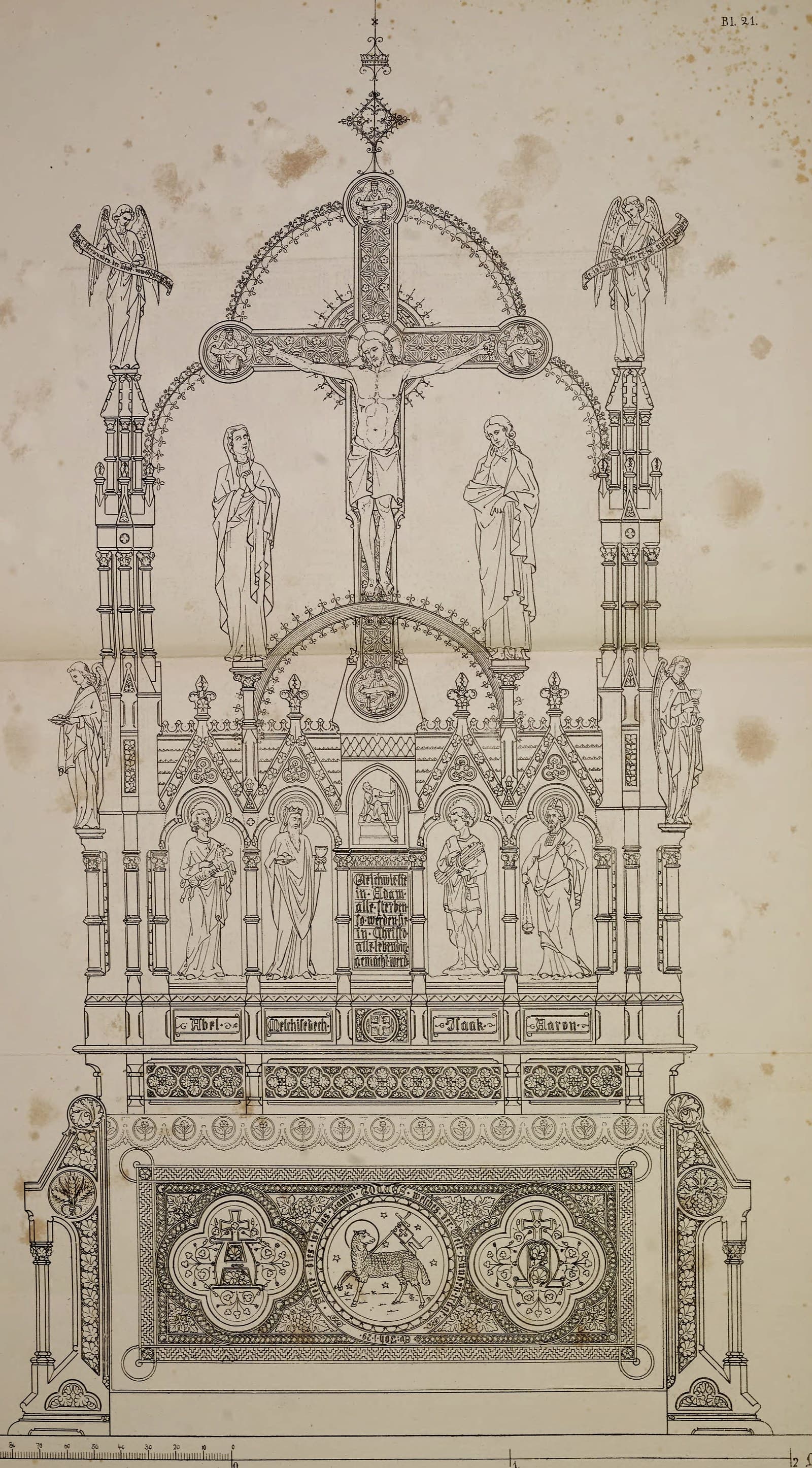 Plate 21: design for the altar of the Vollenschier estate church with crucifix in a wheel of tracery, two angels and the Lamb on the antependium