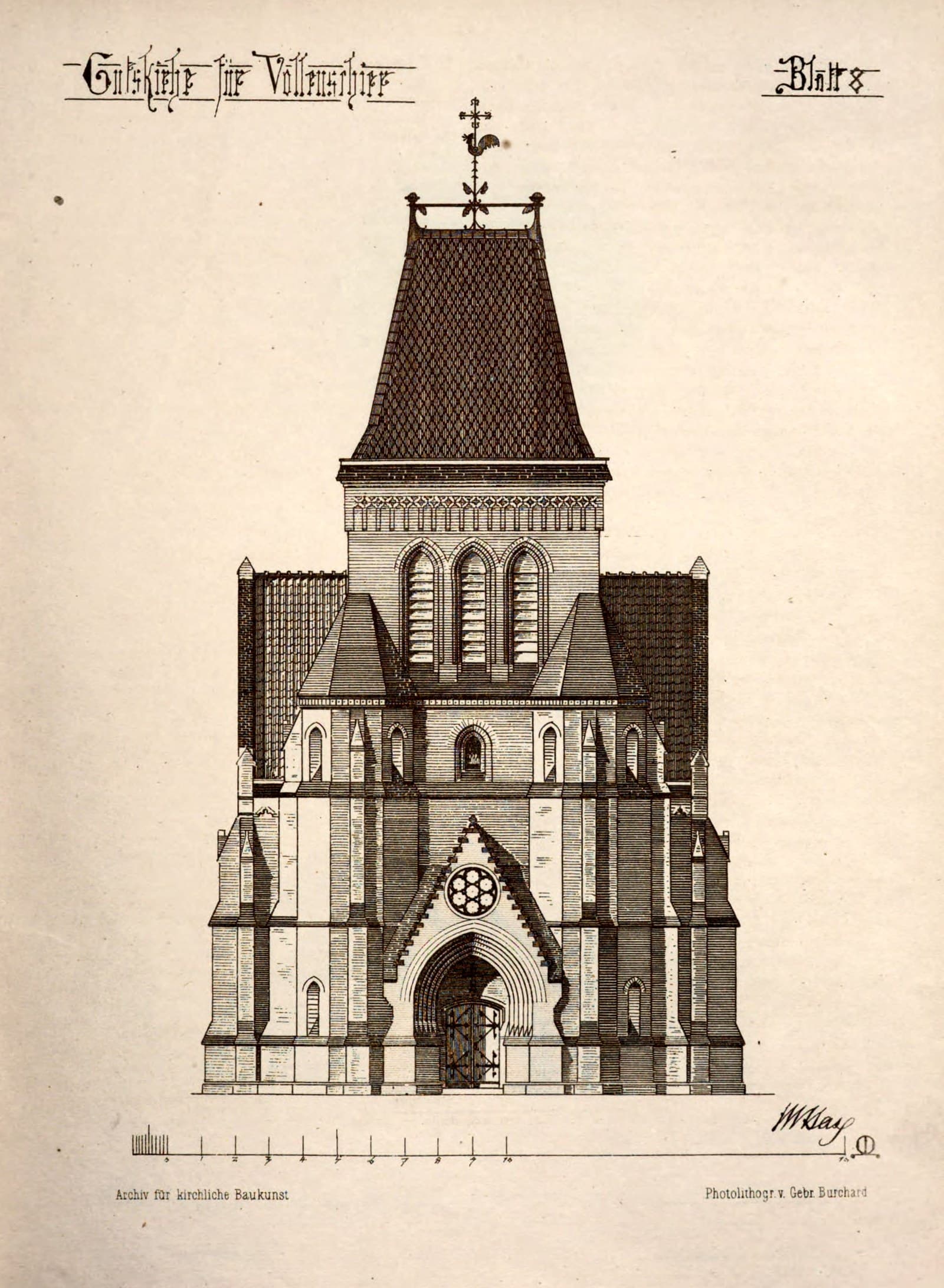Plate 8: west elevation of the Vollenschier estate church with tower, wheel window and doorway, drawn by Conrad Wilhelm Hase