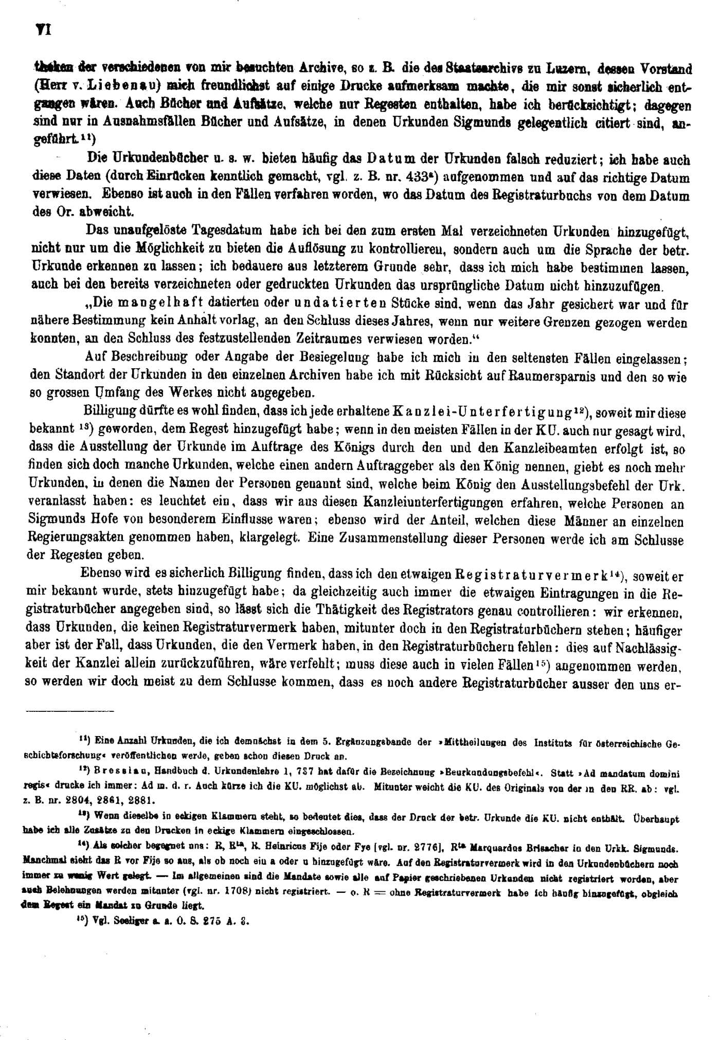 Page VI of the preface to the first volume of Regesta Imperii XI