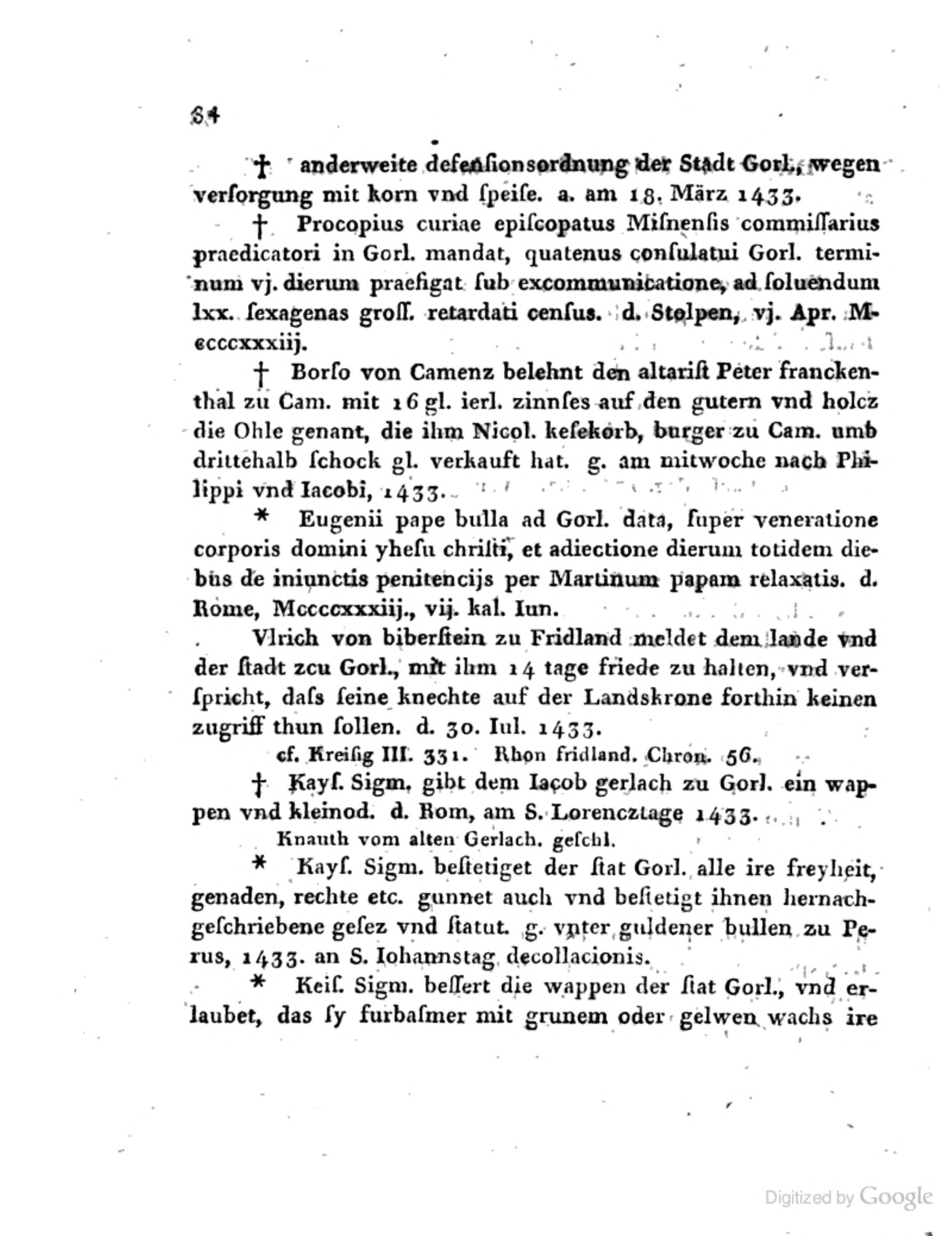 Page 34 of the Verzeichnis Oberlausitzischer Urkunden with the entry for the letter of 1433